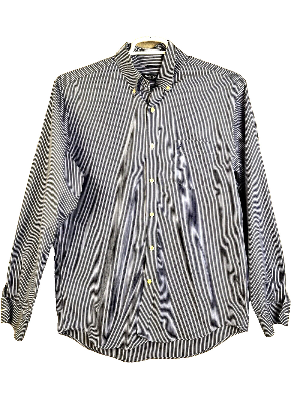 Nautica Button Down Shirt Men's Large Slim Fit Blue Stripe Cotton Preppy Work